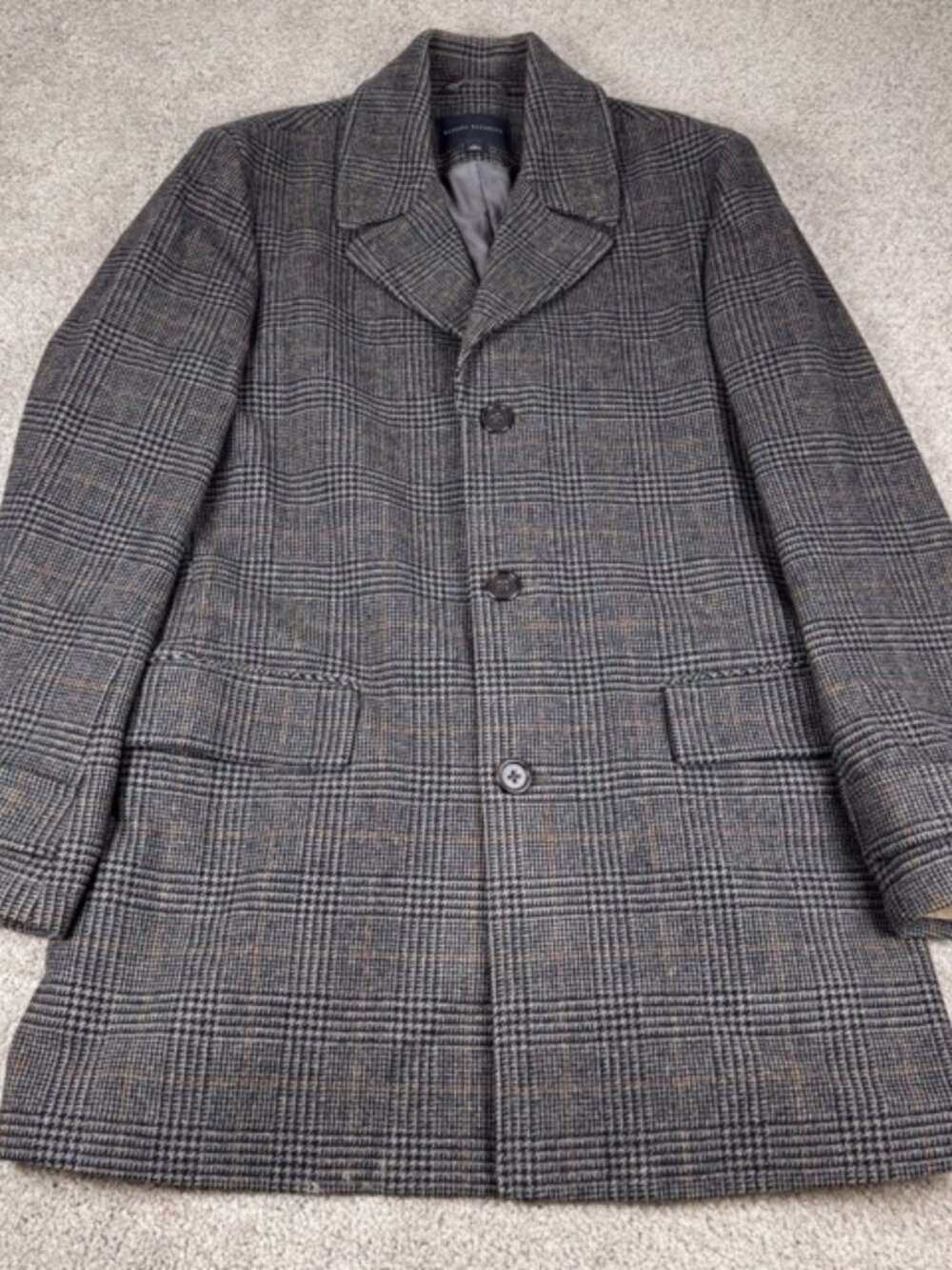 Banana Republic Men’s Wool Gray Glen Plaid Topcoat Trench Jacket Pea Coat Large
